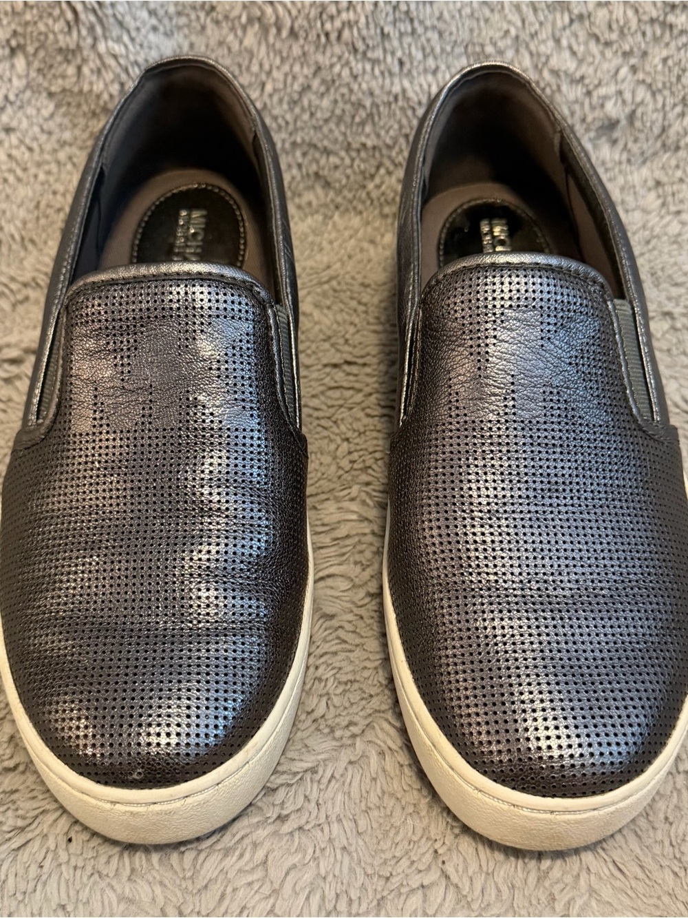 Michael Kors Womens Size 5.5 Silver Perforated Leather Slip On Fashion Shoes